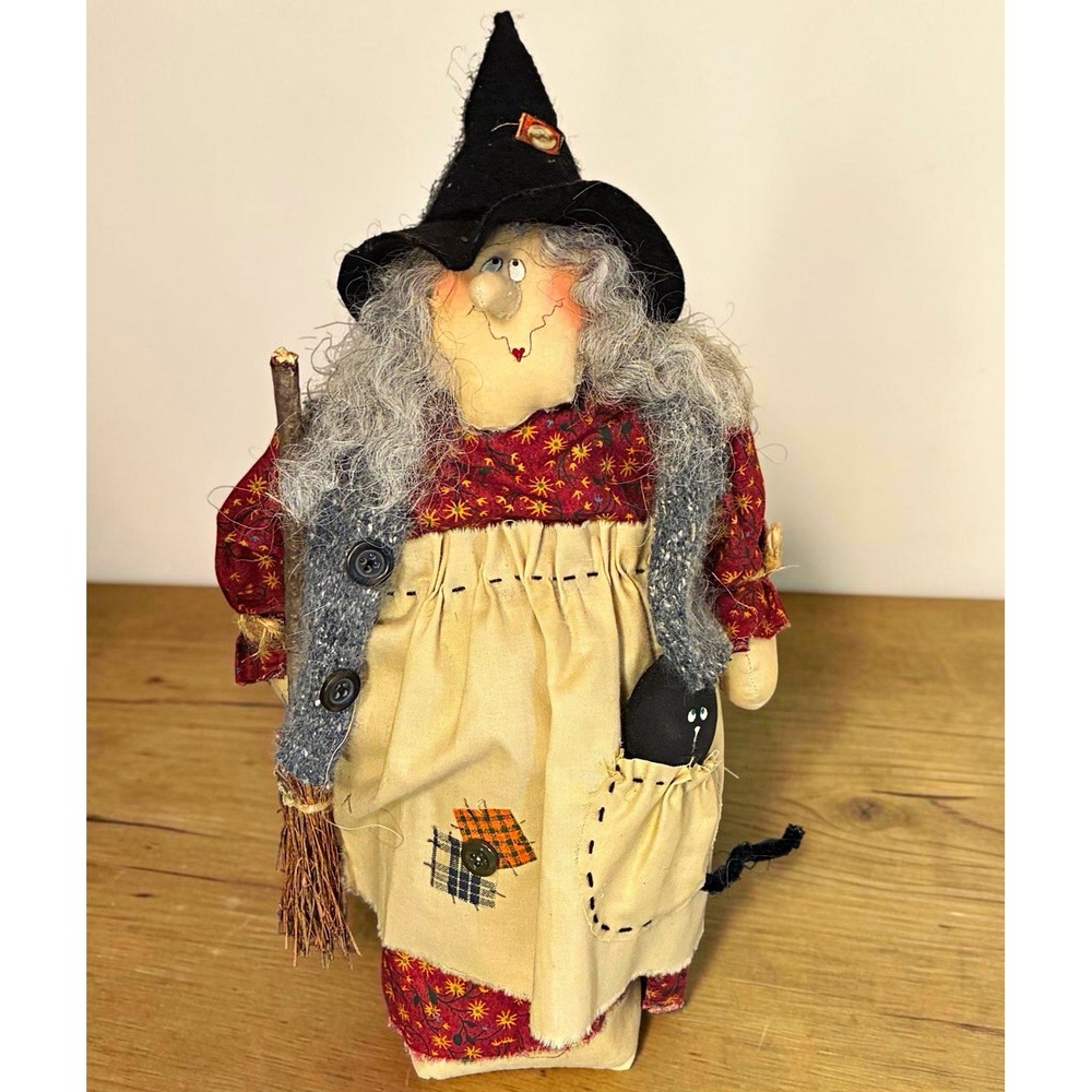 Halloween Witch Fabric Figurine w/ Black Cat, 12 in Multicolor Indoor Decor
